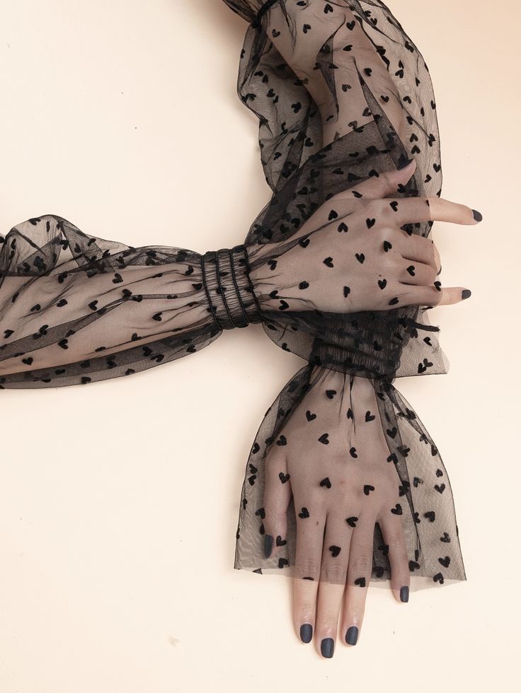 Sheer Black Heart Mesh Gloves