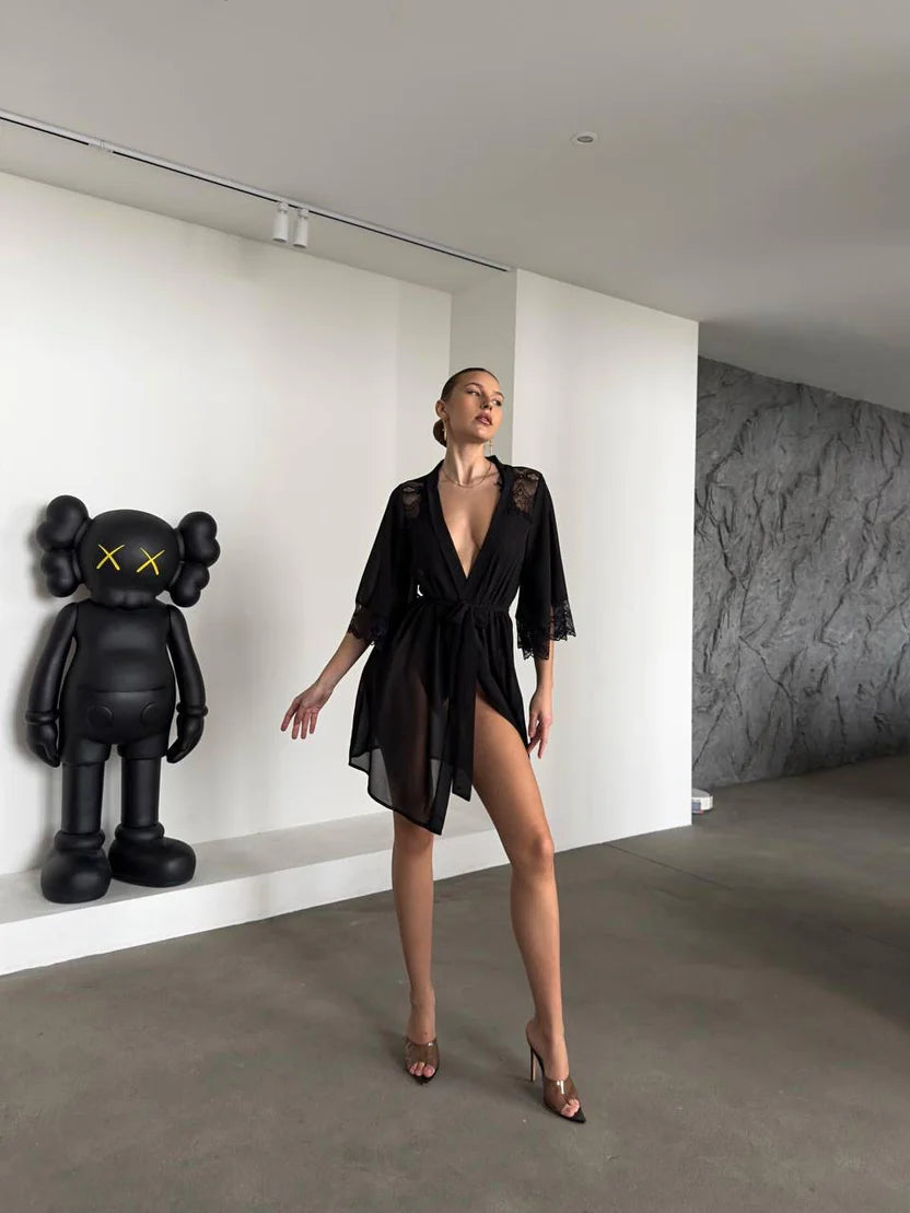 Lace Deep Plunge Bodysuit with Sheer Robe