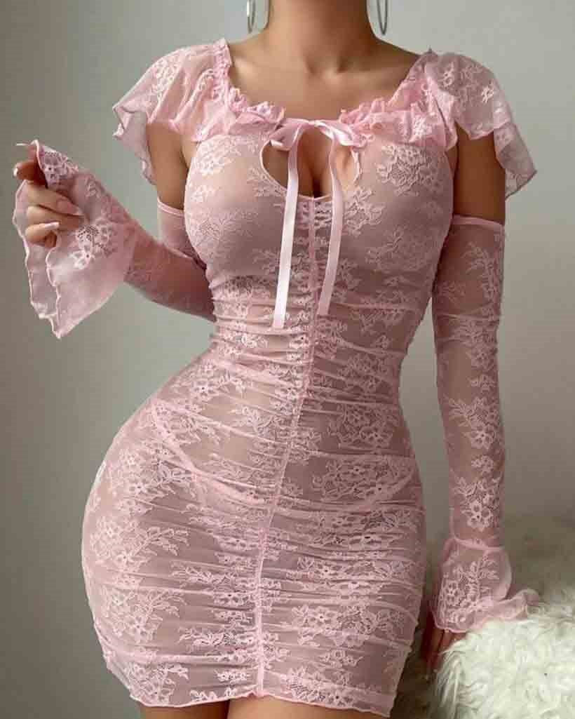 Lace Ruffled Babydoll Dress with Gloves
