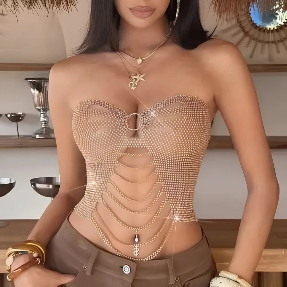 Champagne gold rhinestone strapless corset top with decorative ring closure and draped chain trim