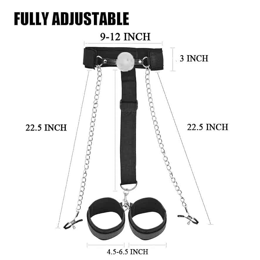 Neck Wrist Restraints with Gag Ball and Chain Nipple Clamps