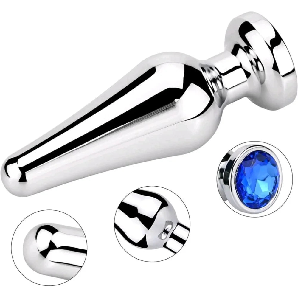 Premium Stainless Steel Silver Anal Plug Blue Jewel