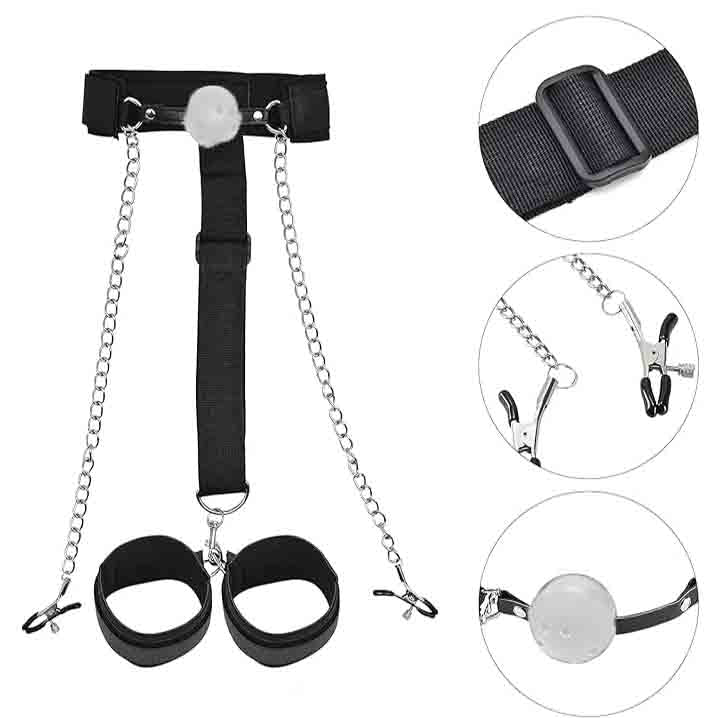 Neck Wrist Restraints with Gag Ball and Chain Nipple Clamps