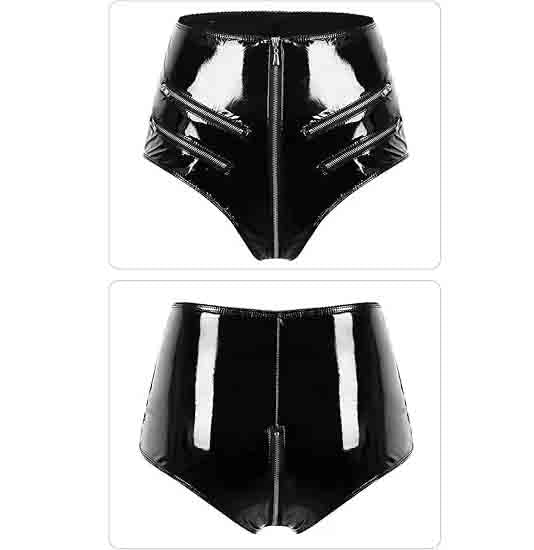 Open Crotch High Waist Full Zipper Latex Short