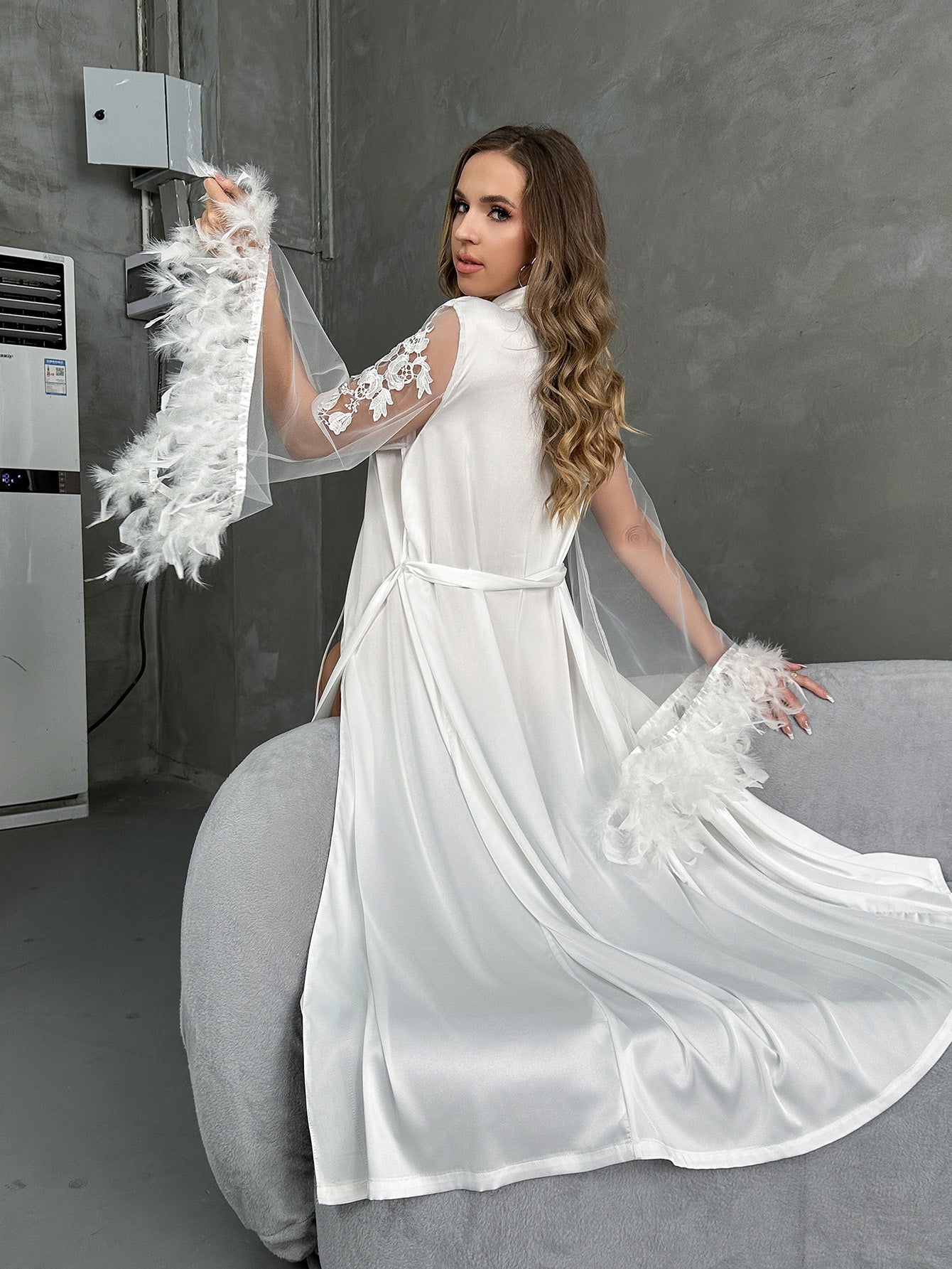 The Serene Feather Luxe Satin Bridal Robe