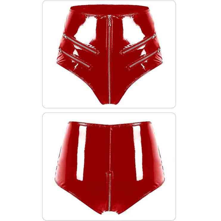 Open Crotch High Waist Full Zipper Latex Short