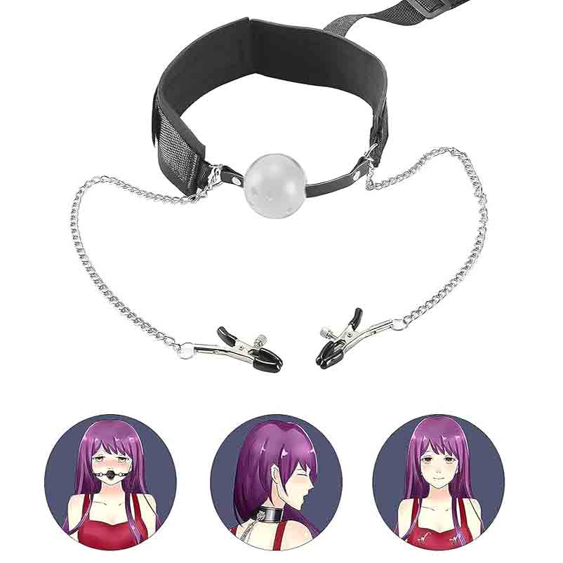Neck Wrist Restraints with Gag Ball and Chain Nipple Clamps