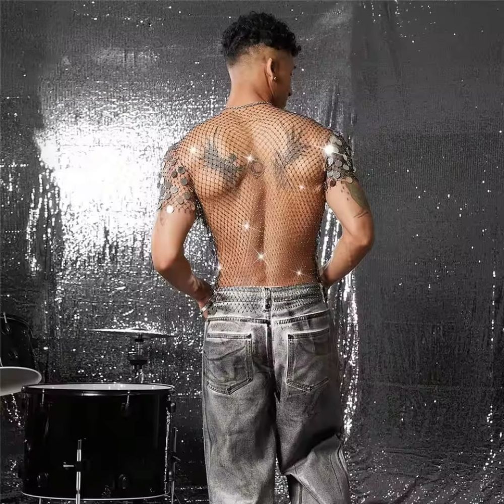 Men Silver Shimmer Mesh Top