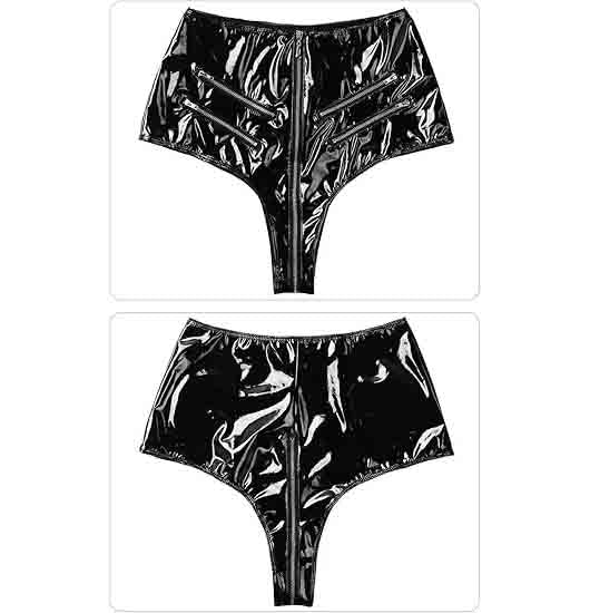 Open Crotch High Waist Full Zipper Latex Short