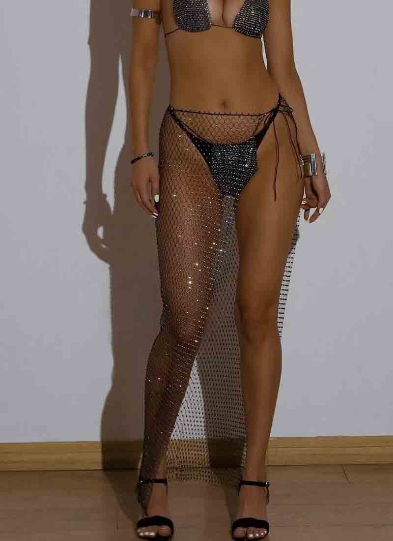 Sexy Fishnet Rhinestone Cover-up & Bikini Set