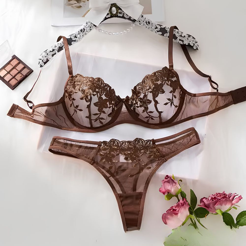 Brown Floral Embroidery Sheer Bikini Set