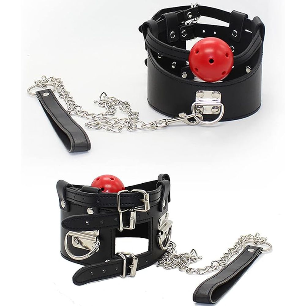 Adult Neck collar with gag Ball with & chain Leash