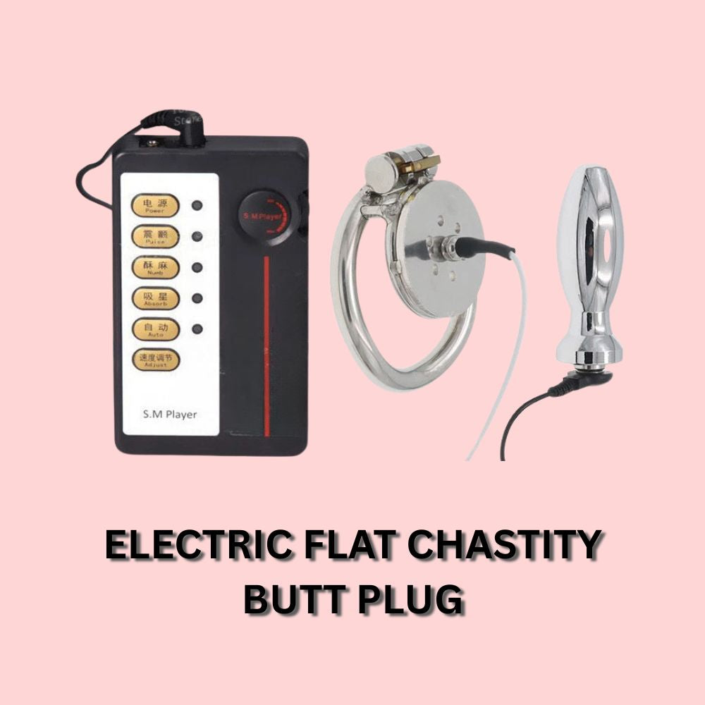 Electric Steel Flat Chastity Cage with Anal/butt Plug