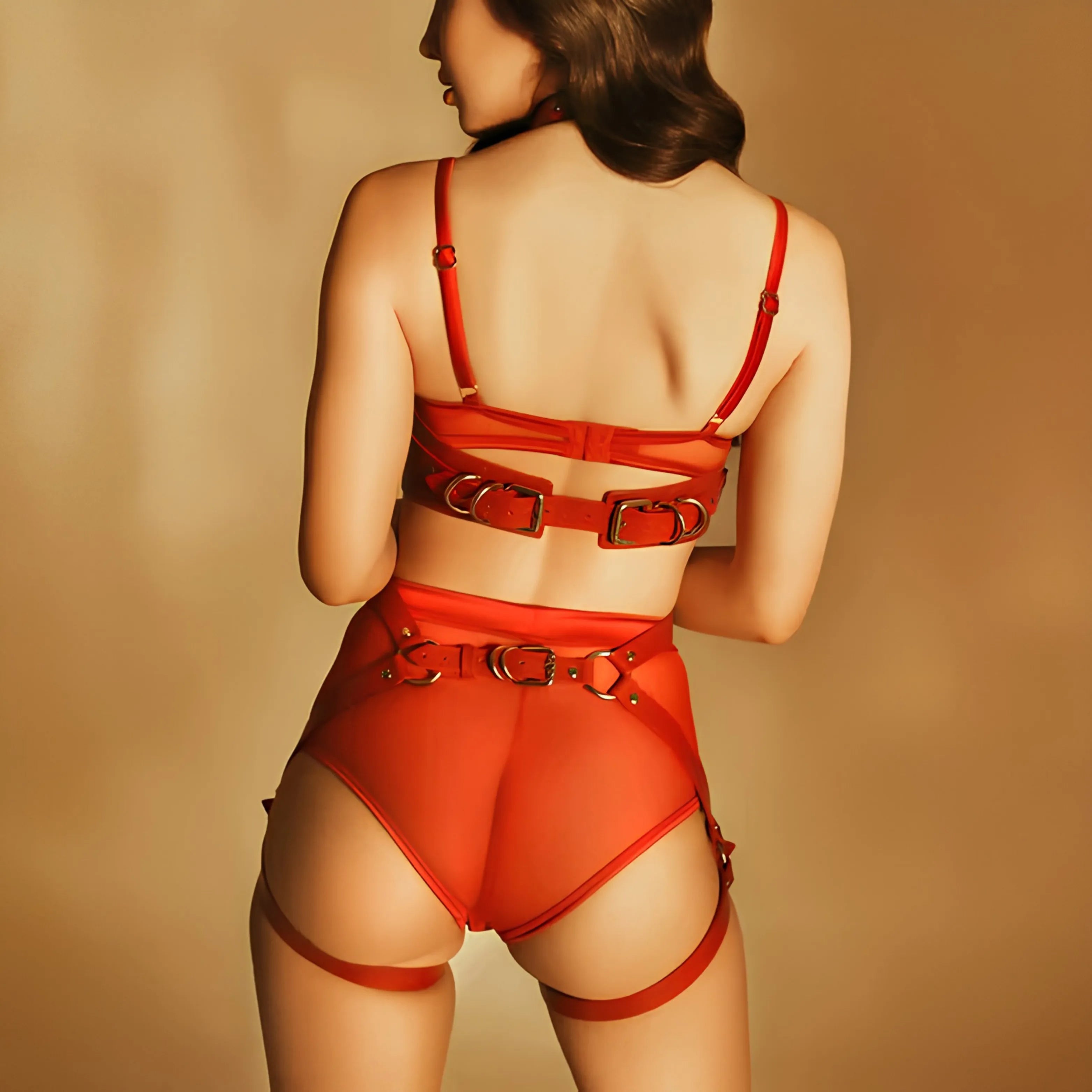 Red Leather Bondage Harness Set with Neck Choker