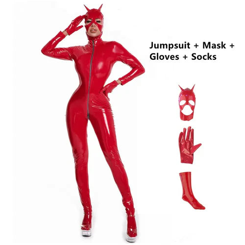 Pu Leather Catsuit With Mask Gloves & Legs