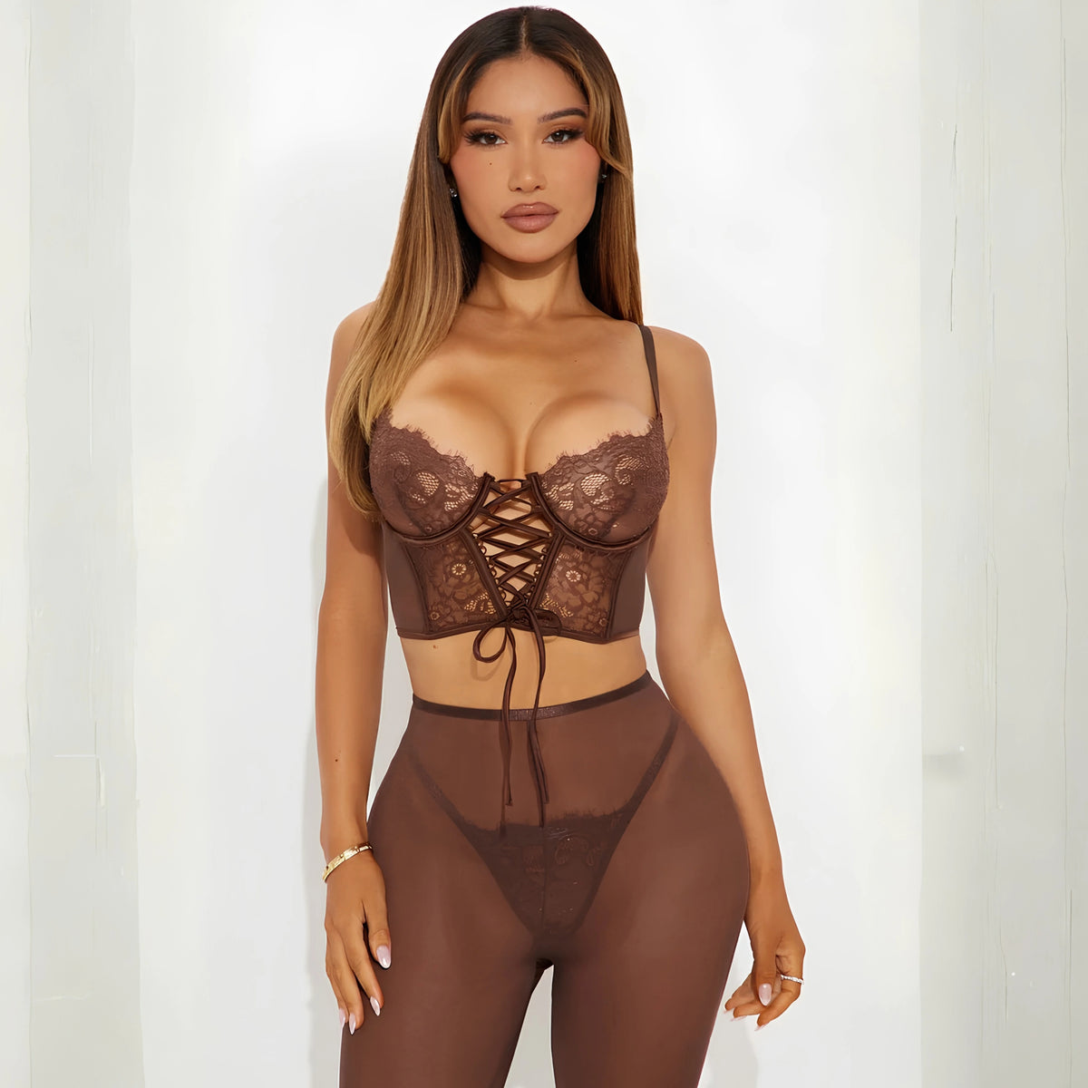 Brown Sexy Lingerie Lace Bustier Corset with Sheer Tights