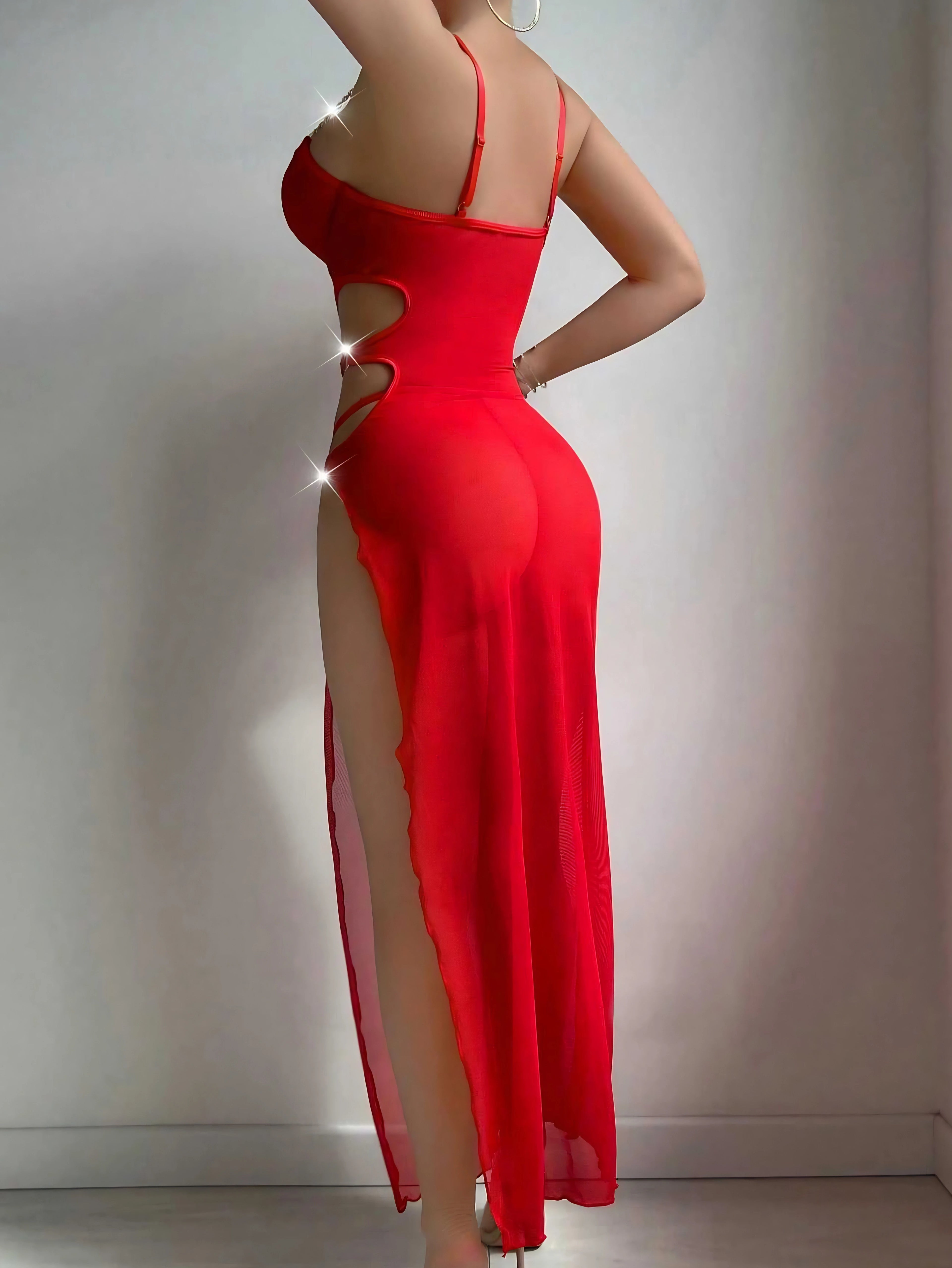 Red High Slit Sheer Net Cut-Out Maxi Sexy Lingerie Dress