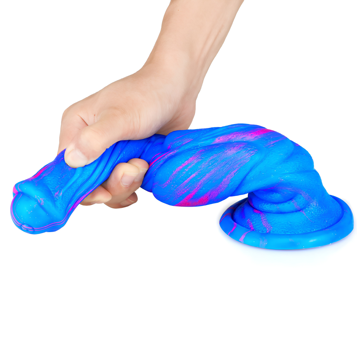 Flexible blue and pink marbled silicone dildo bent in a hand