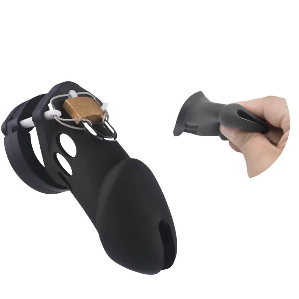 Long Neck Silicone Male Chastity Cage lock - Black
