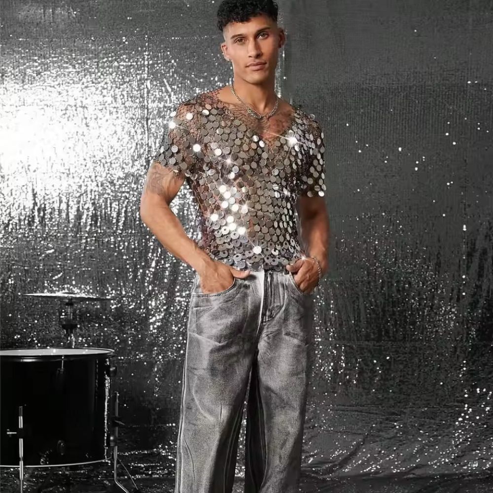 Men Silver Shimmer Mesh Top