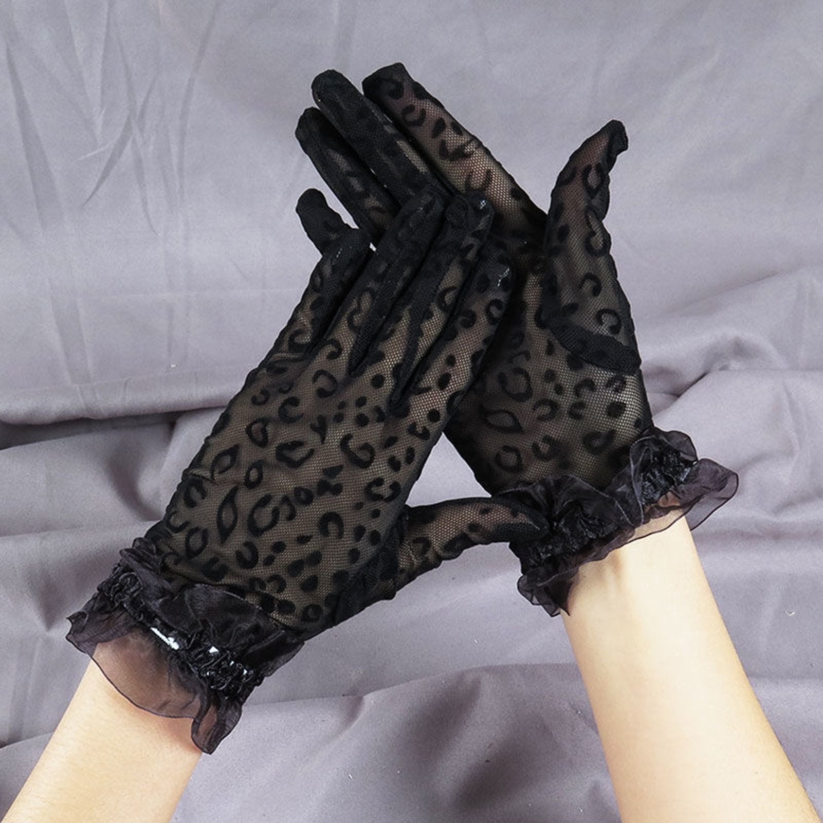 Leopard Net Gloves with Ruffle Trim