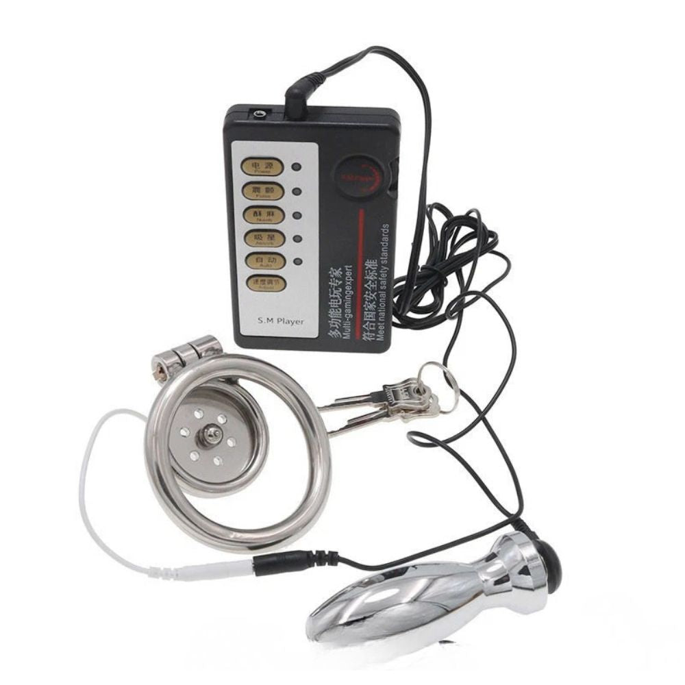 Electric Steel Flat Chastity Cage with Anal/butt Plug