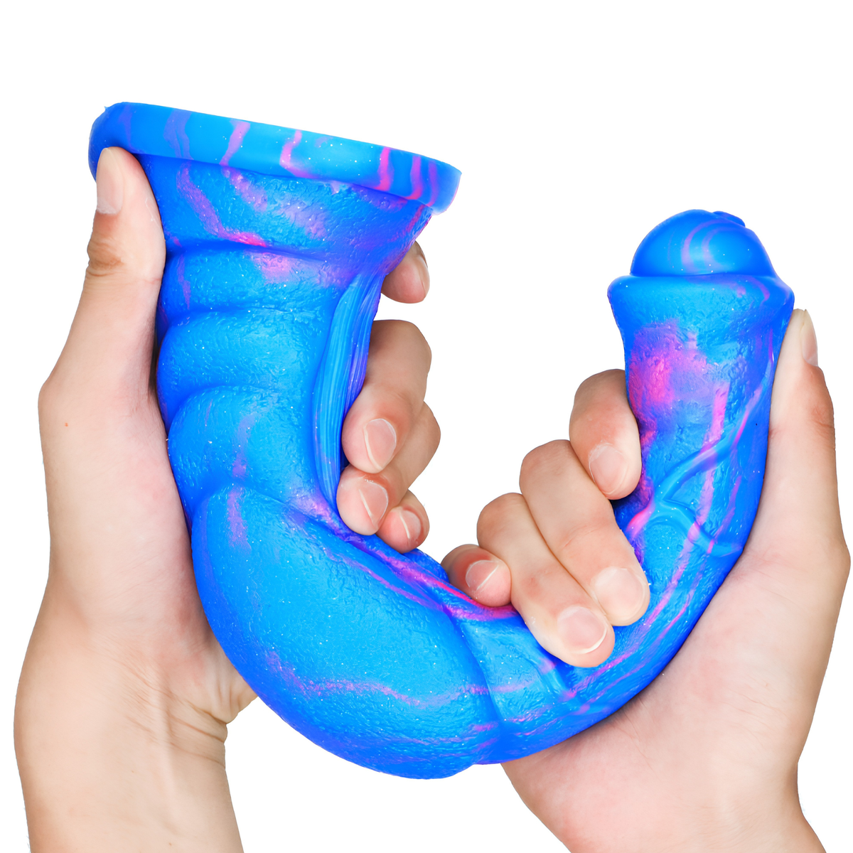 Blue and pink marbled silicone dildo curved into a U shape