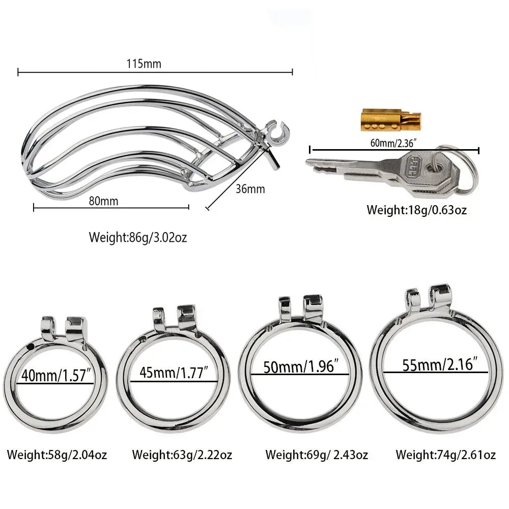 Curved Steel Men Chastity Cage with Curved Ring