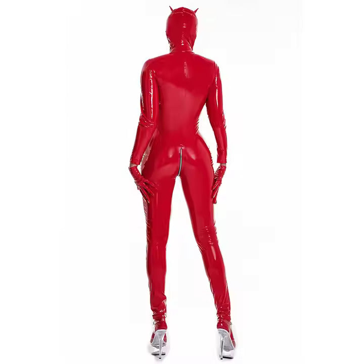 Pu Leather Catsuit With Mask Gloves & Legs