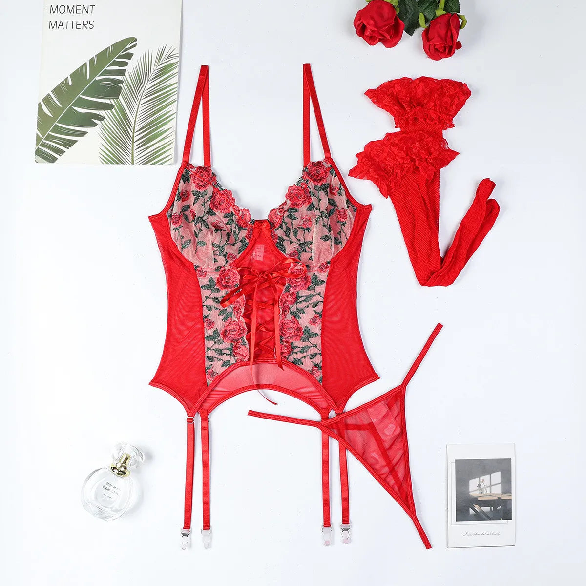 Floral Embroidered Corset Sexy Lingerie Set