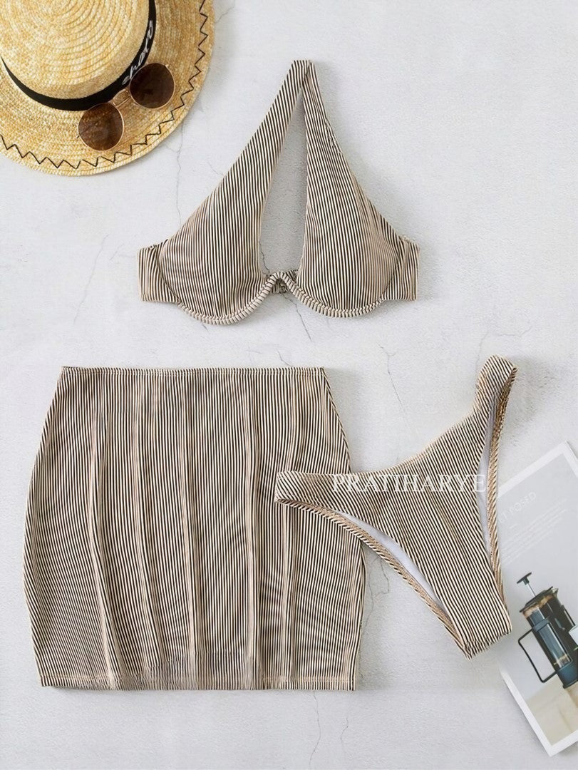 rib cut out swimsuit with beach skirt