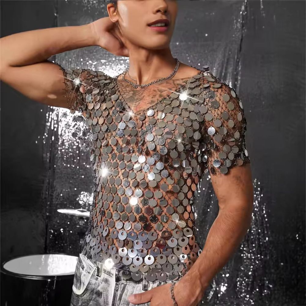 Men Silver Shimmer Mesh Top