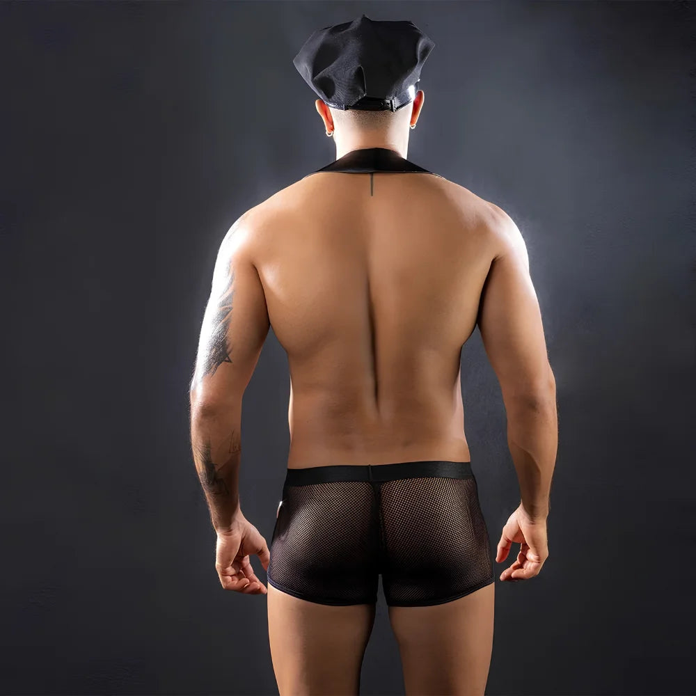 Men’s black police roleplay costume, back view with peaked cap and mesh shorts