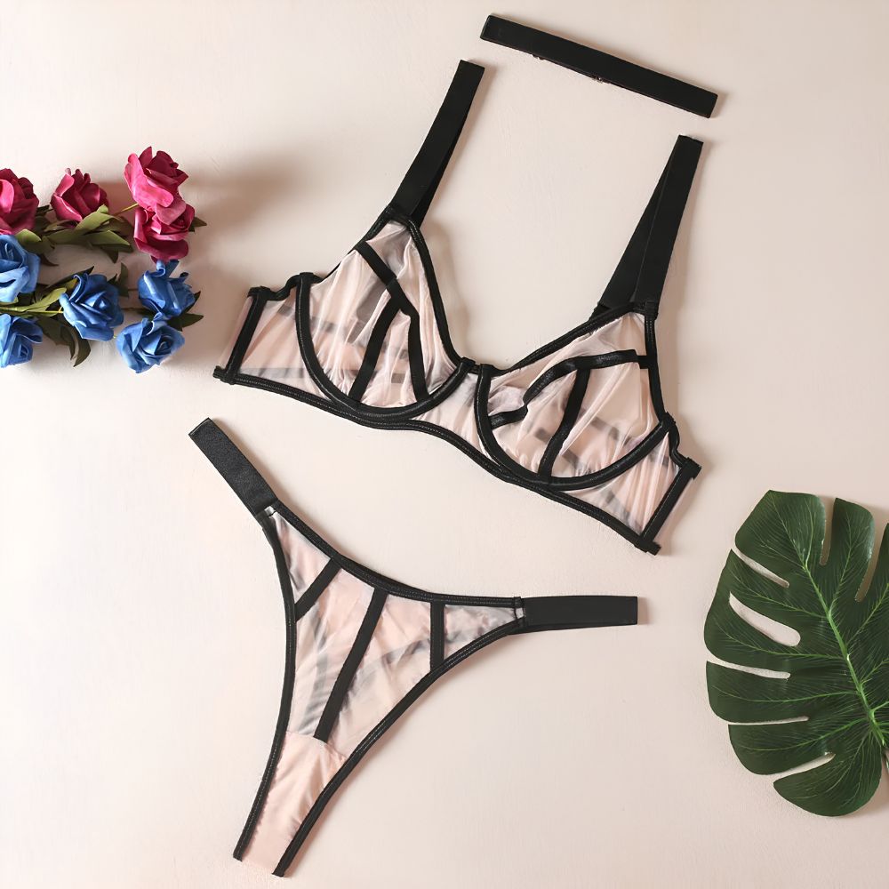 Trending Sheer Contrast Lingerie set with Black Stocking