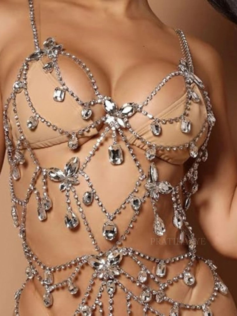 Luxury Butterfly Tassel Skirt Top Bra Chain Rhinestone