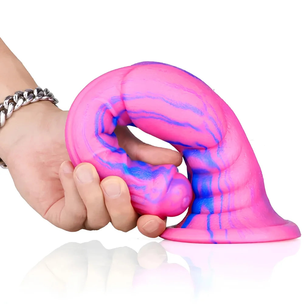 Pink and blue swirled silicone sex toy shown held, with rounded end