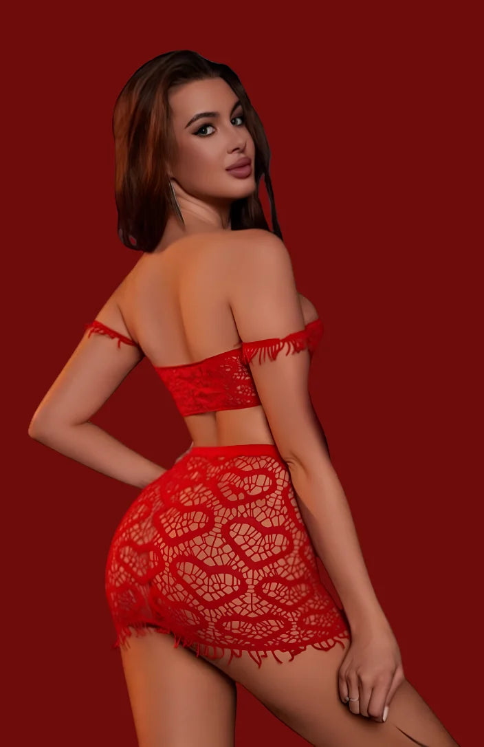 Red lace lingerie set with off-shoulder straps and high-waist brief, lace pattern