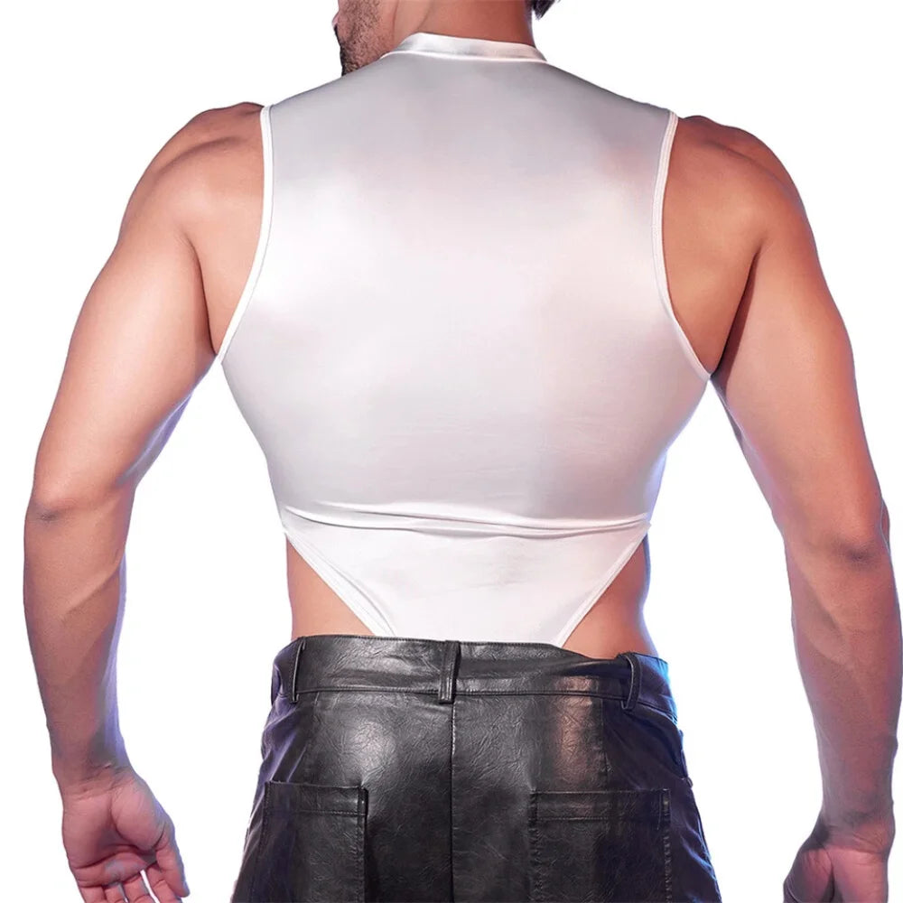 Glossy white sleeveless bodysuit with high-cut back and sheer side panels