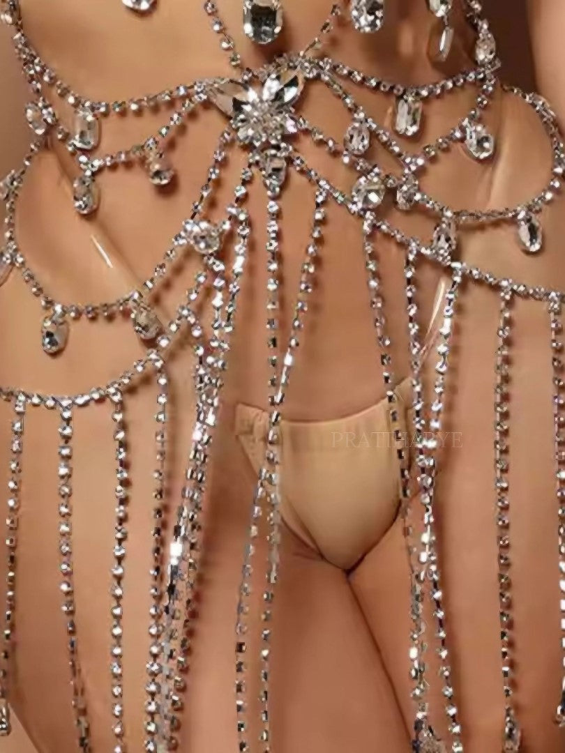 Luxury Butterfly Tassel Skirt Top Bra Chain Rhinestone
