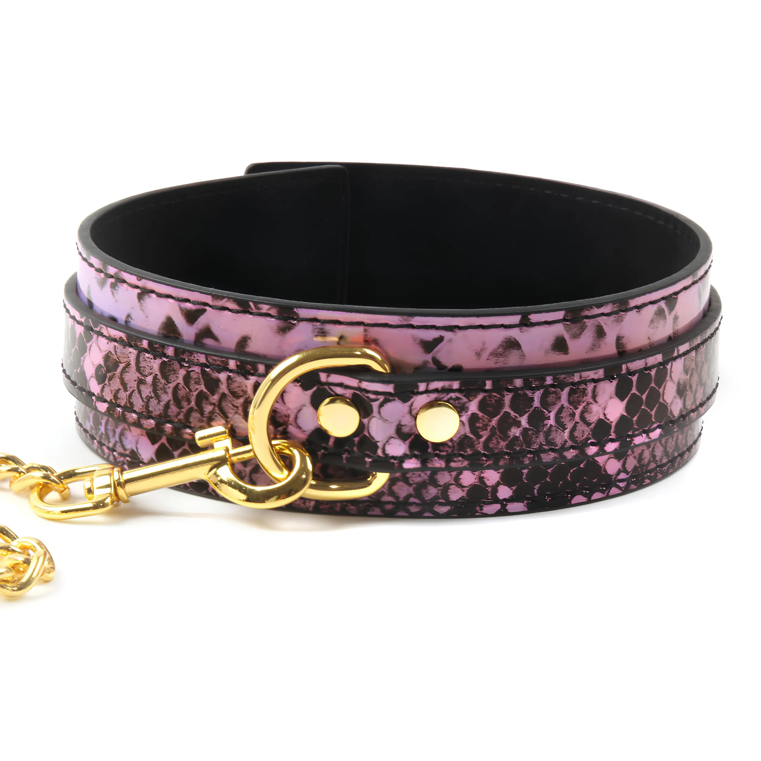 Snake Print BDSM Collar & Cuffs Set with Gold Chain