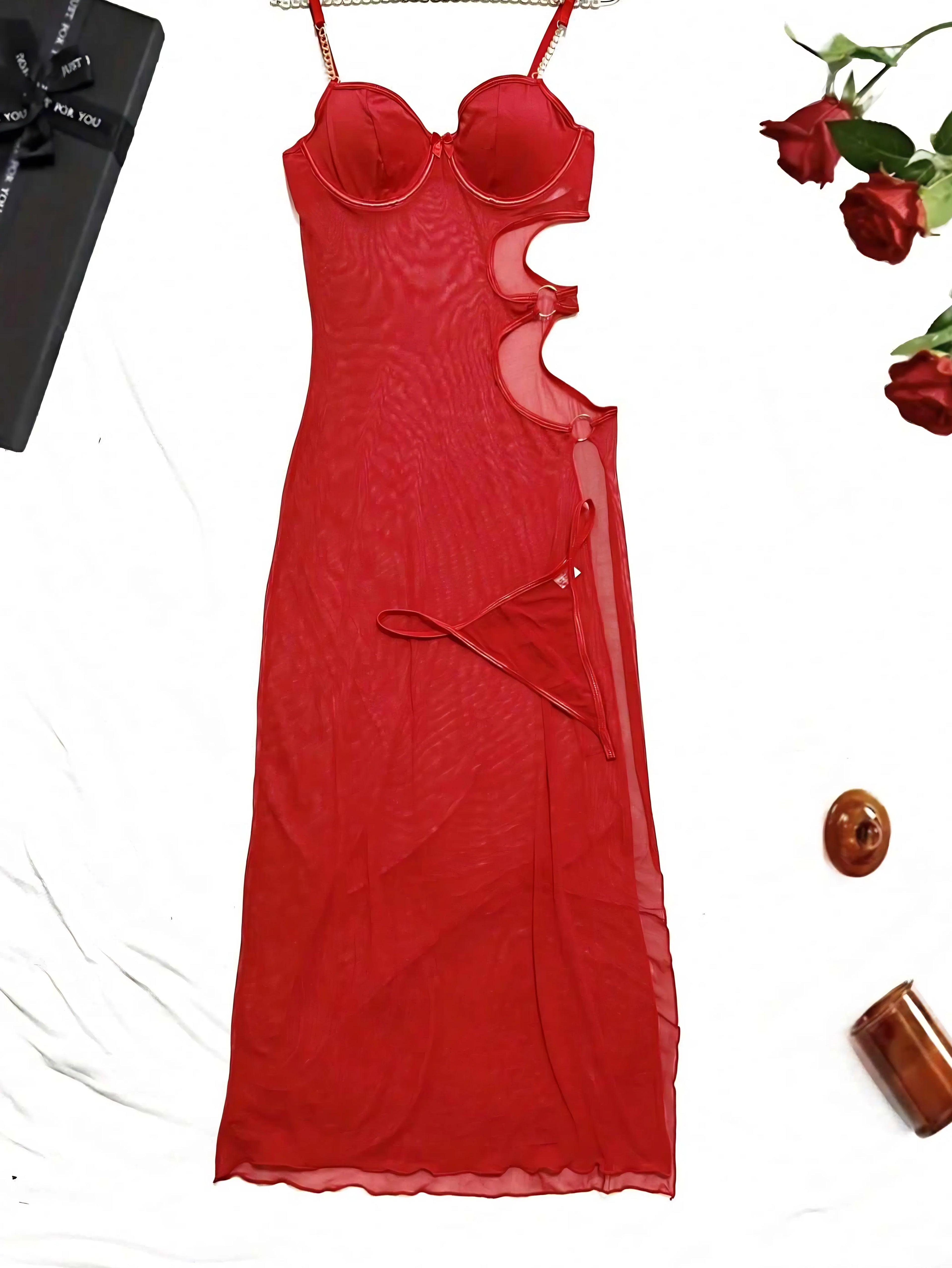 Red High Slit Sheer Net Cut-Out Maxi Sexy Lingerie Dress