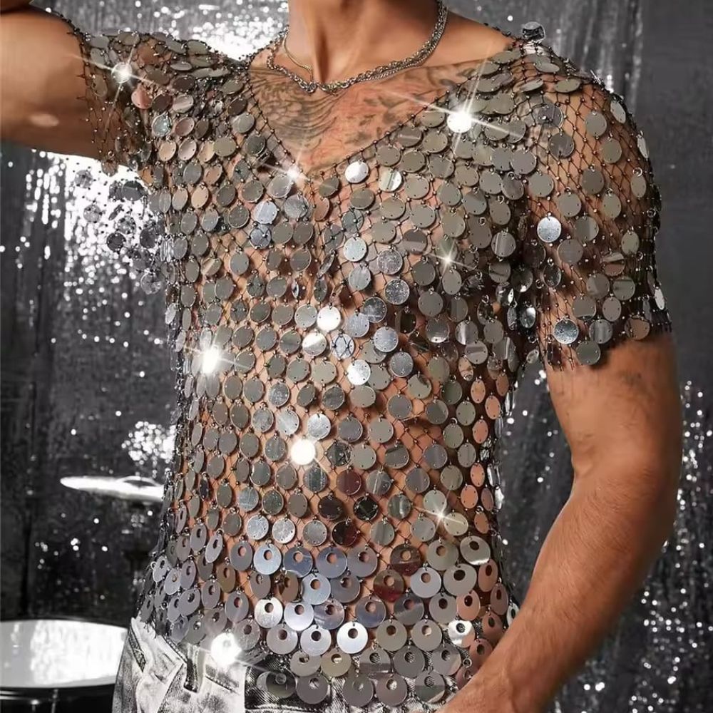 Men Silver Shimmer Mesh Top