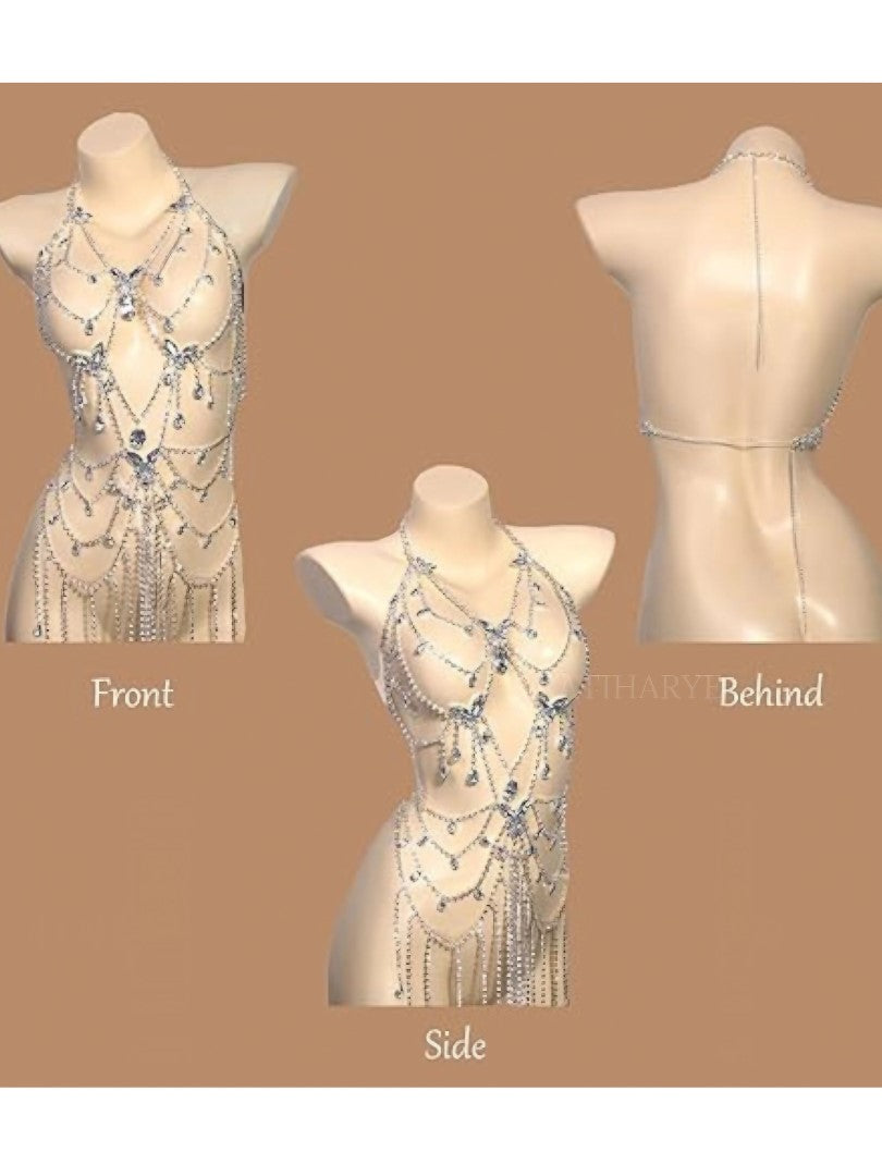Luxury Butterfly Tassel Skirt Top Bra Chain Rhinestone