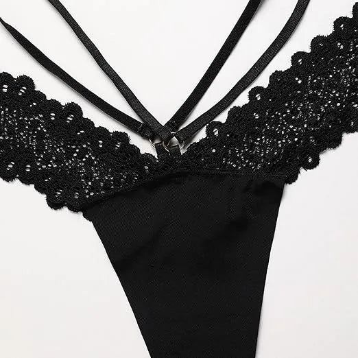 Black Lace "PRINCESS" Letter Double-Strap Thong Panty
