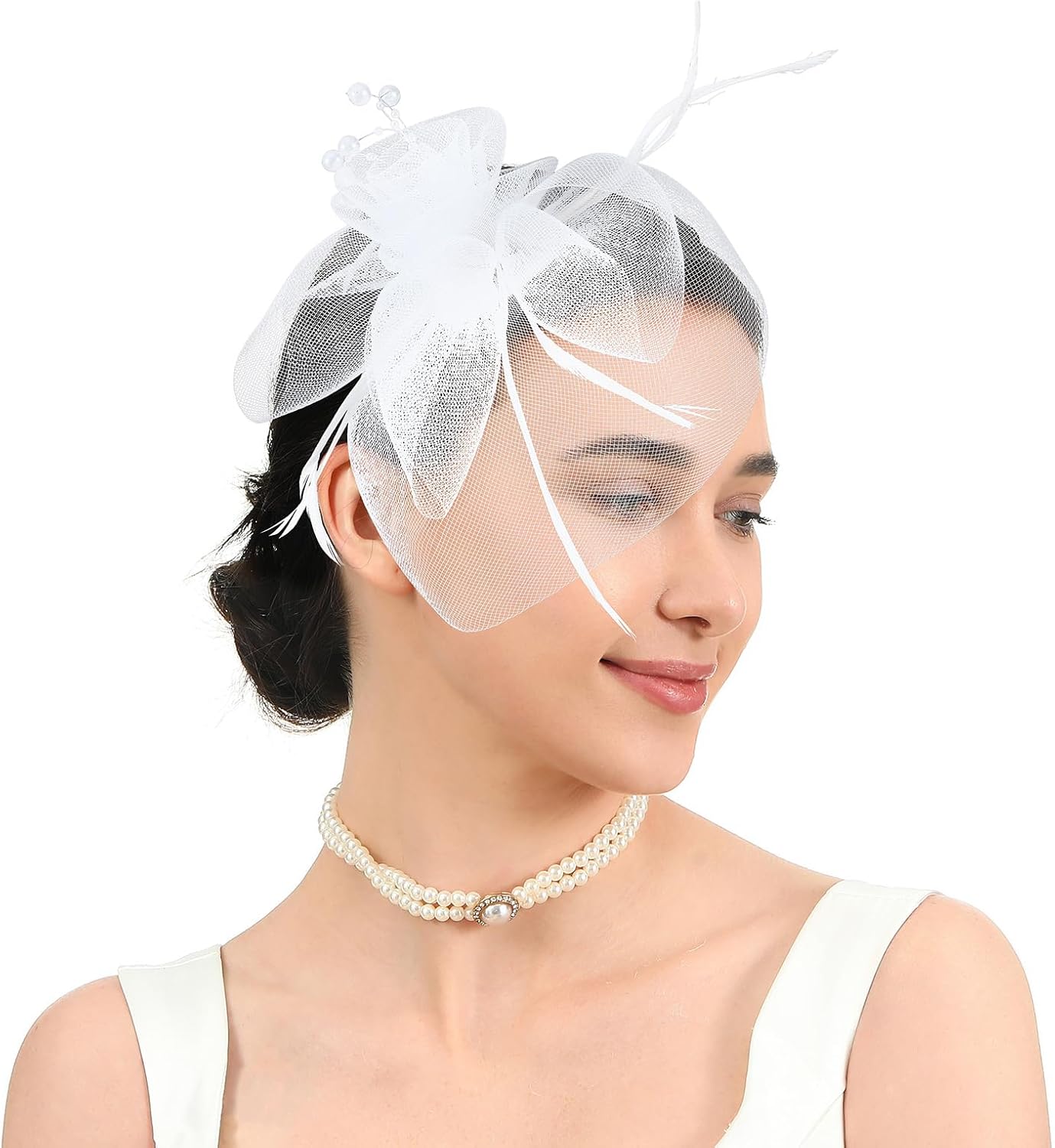Elegant Black Net Pearl Fascinators Hat with Hairband