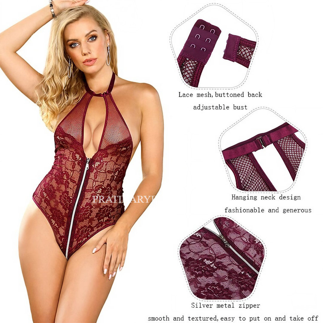 Halter neck teddy Bodysuit with Neck Choker - Non-Padded