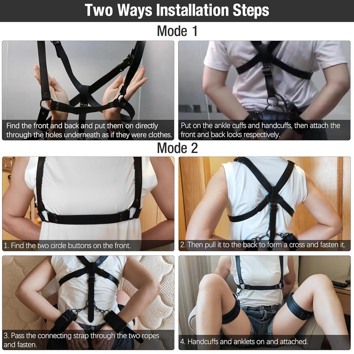 BDSM Harness with Handcuffs Ankle Cuff Front Back Bondage