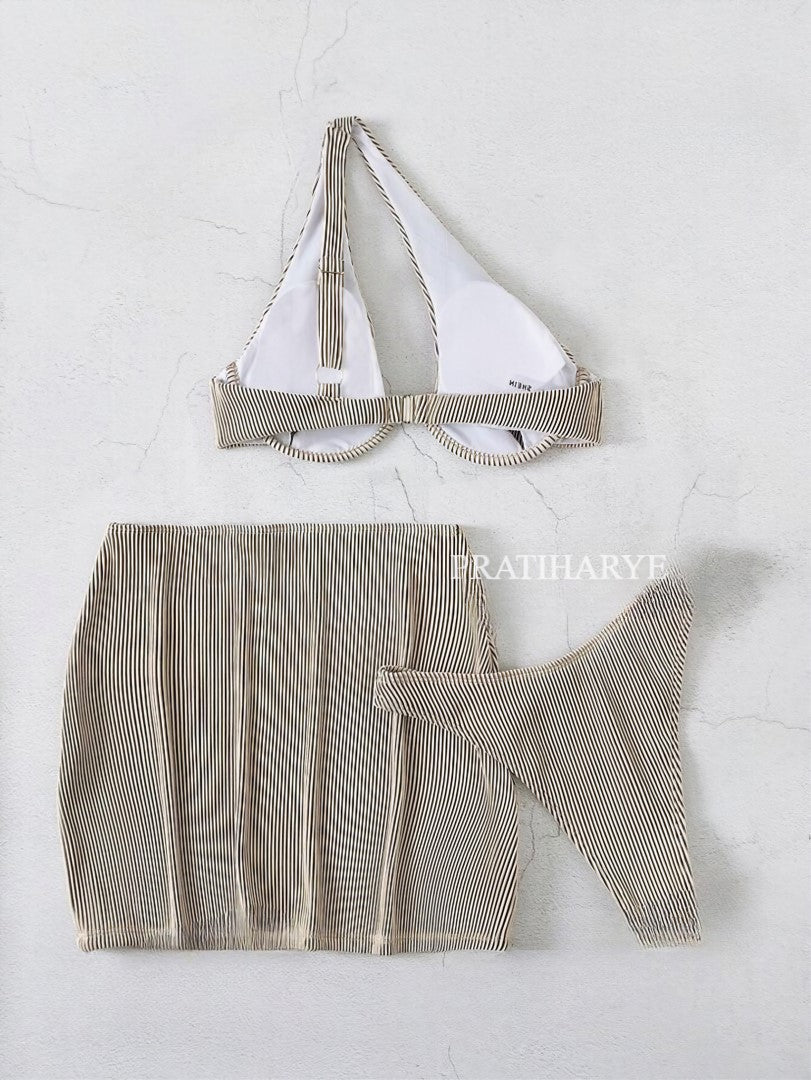 rib cut out swimsuit with beach skirt