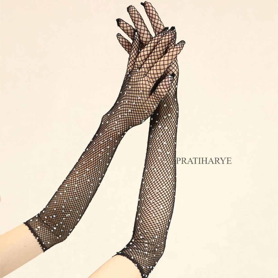 Rhinestone Fishnet Long Gloves