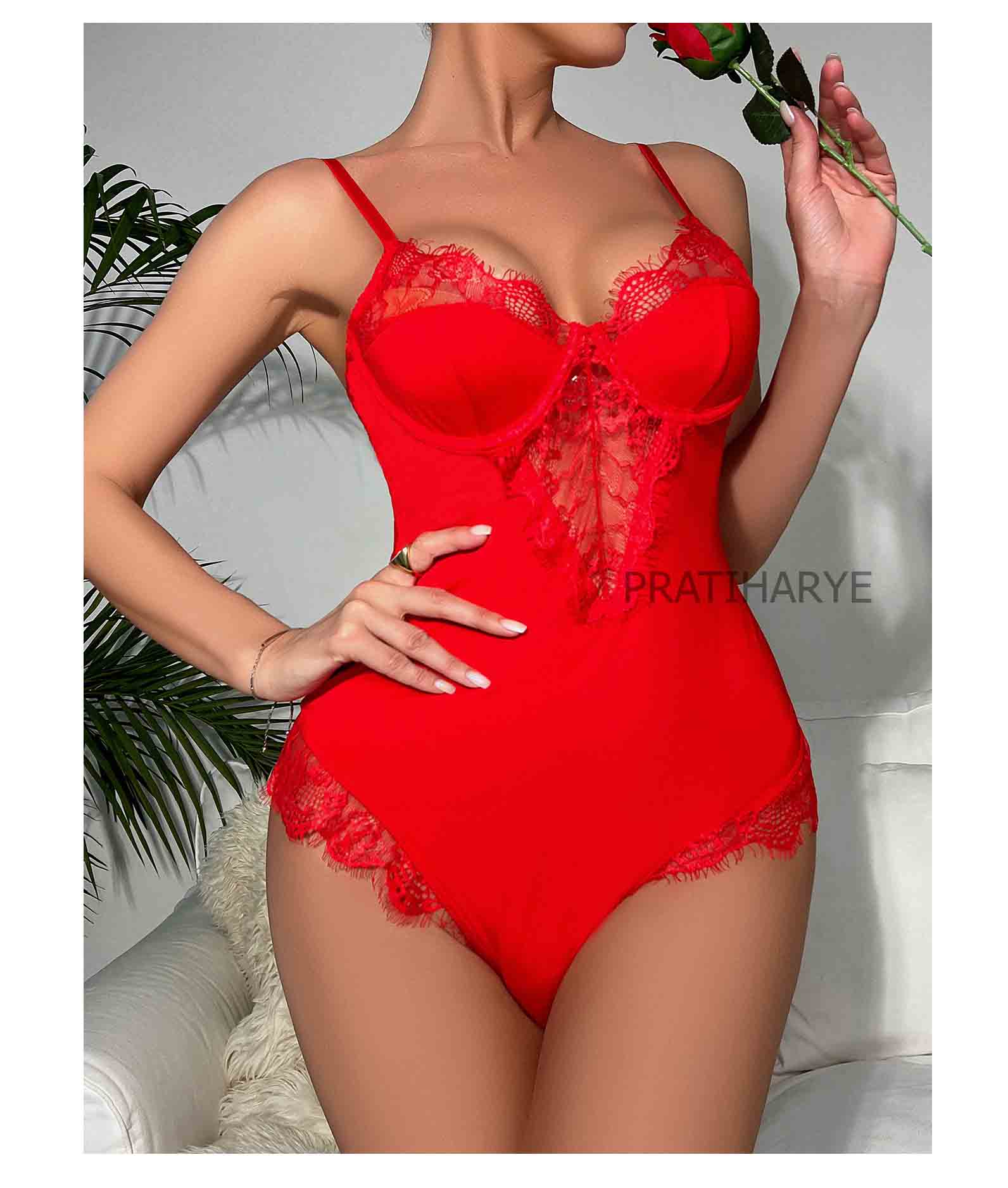 Solid Lace Neck Red Bodysuit